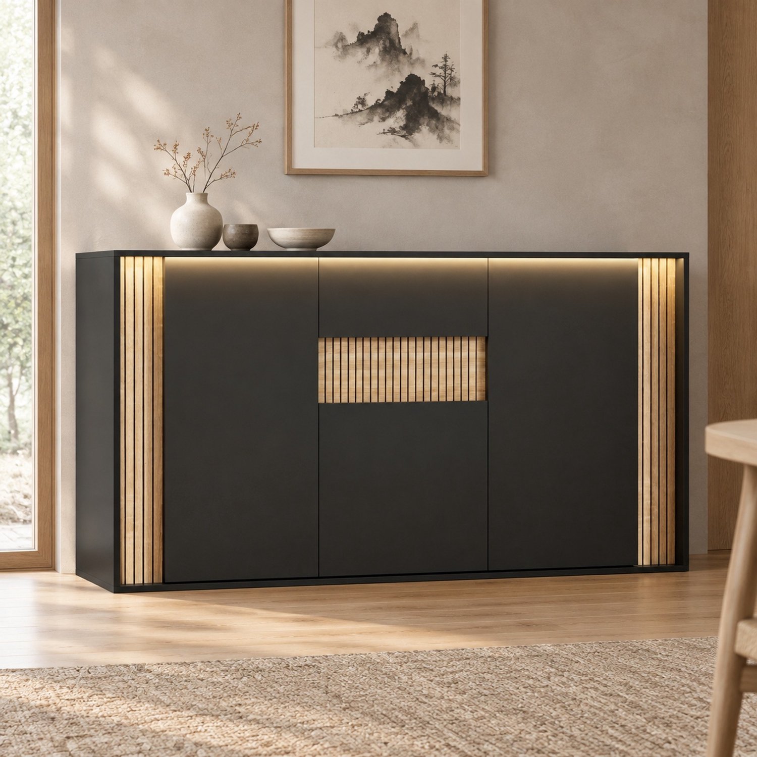 MODFU Dressoir - 3 Deuren En 1 Lade - Verstelbare Led-Verlichting - Zwart - 140 X 40 X 82 Cm