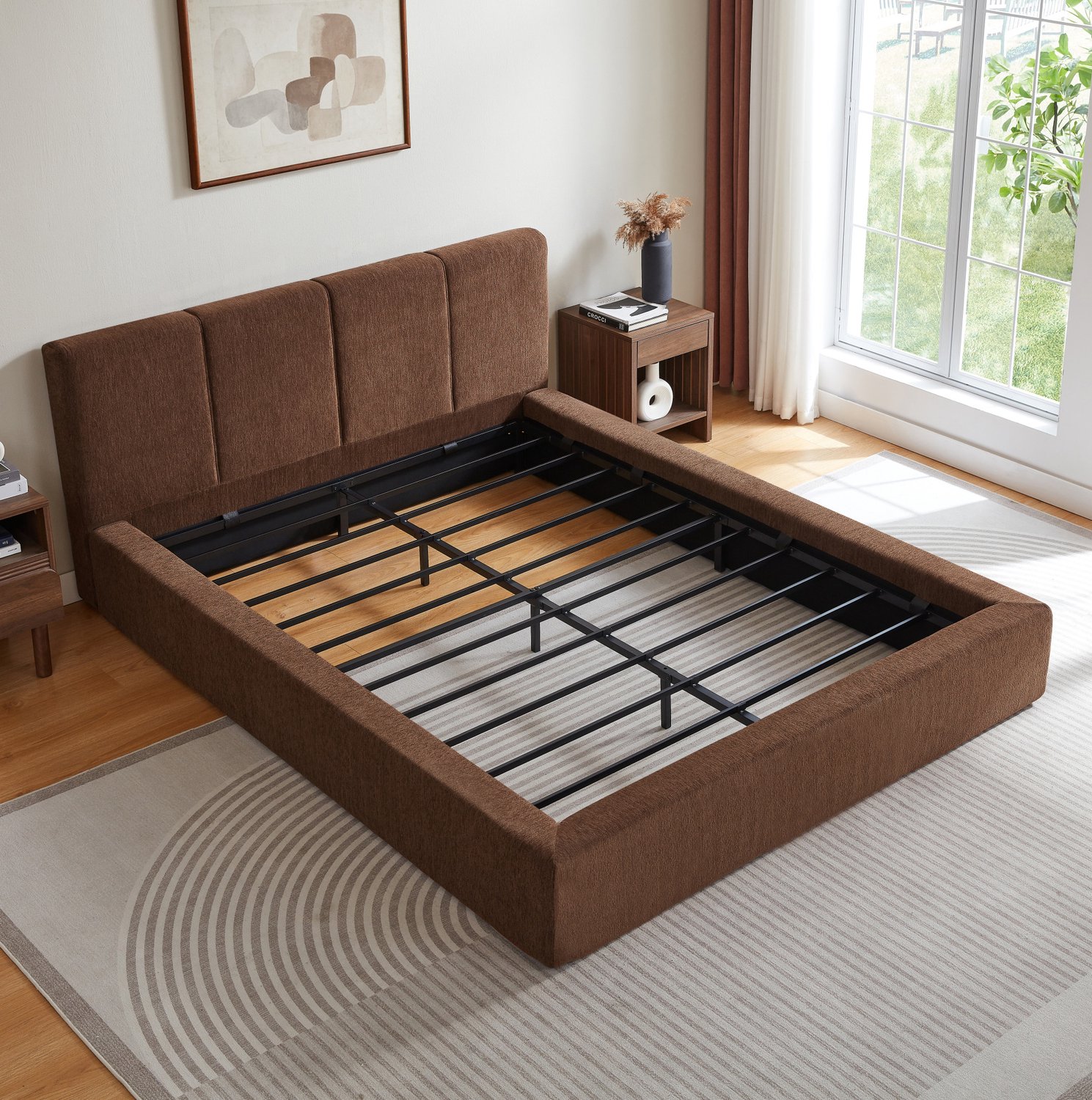 WUVRIE Bedframe 140x200 cm - Gestoffeerd hoofdbord en versterkt stalen frame - Bruin