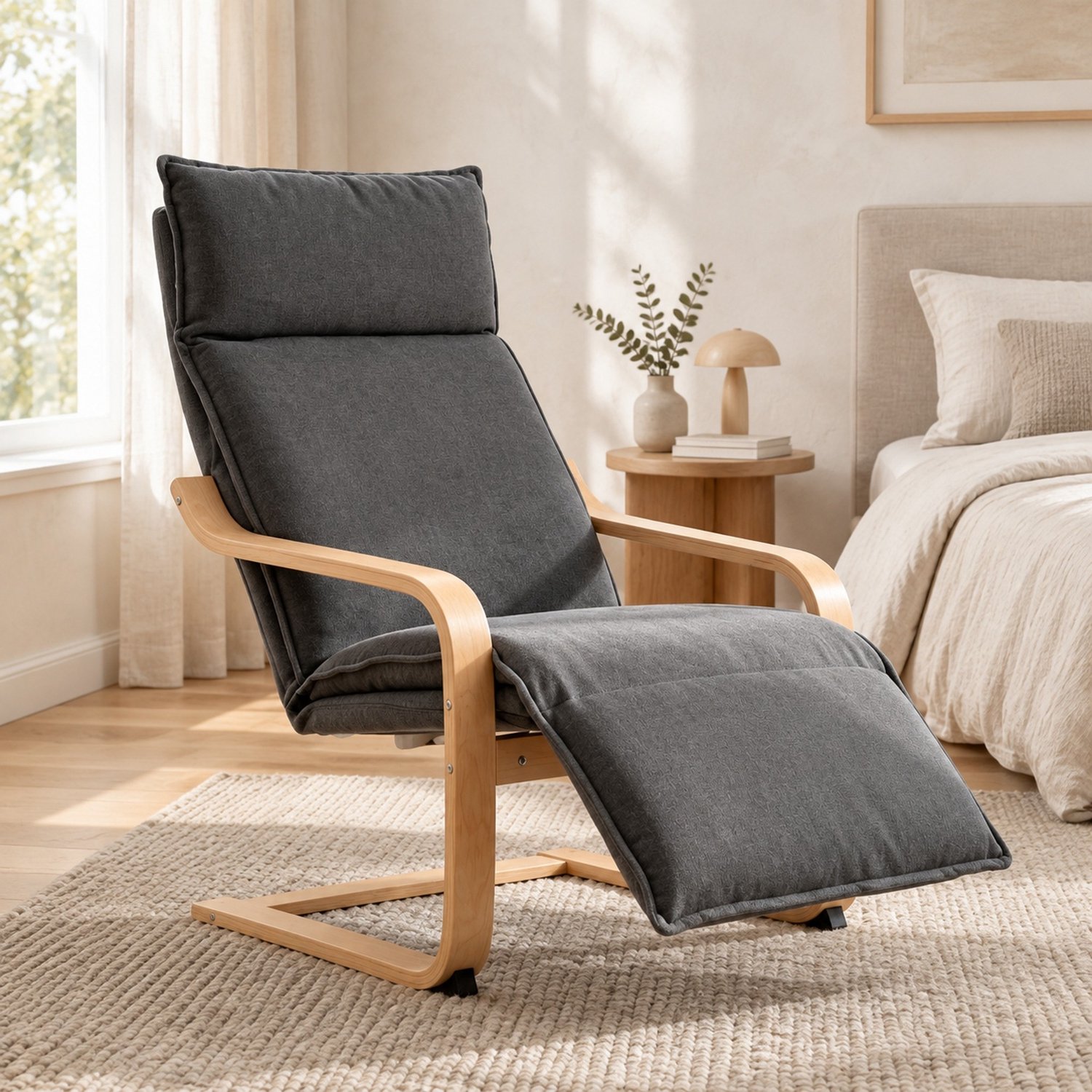 MODFU - Schommelstoel Met Voetsteun - Scandinavisch - Donkergrijs - Stof - 90 x 67 x 105 cm