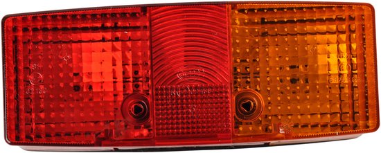 Rechthoekig achterlicht met rood en oranje textuurglas, vooraanzicht.