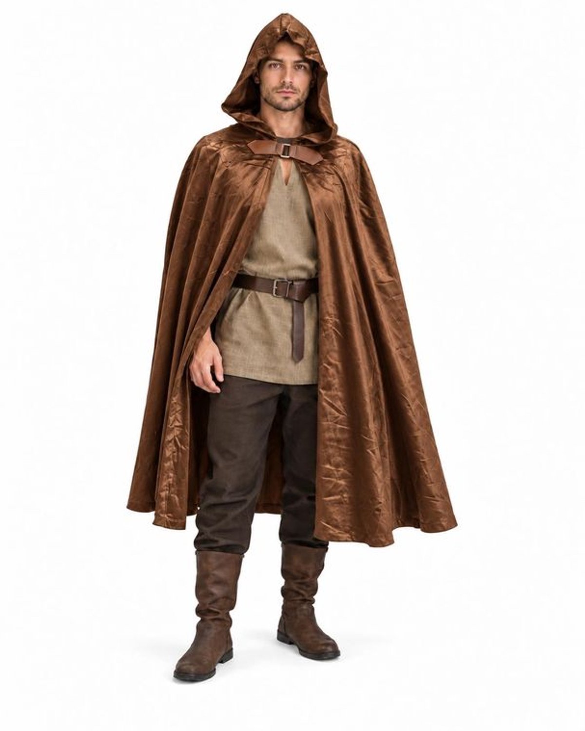 Bruine Cape met Capuchon voor Volwassenen – Middeleeuwse Mantel – Halloween & Carnaval