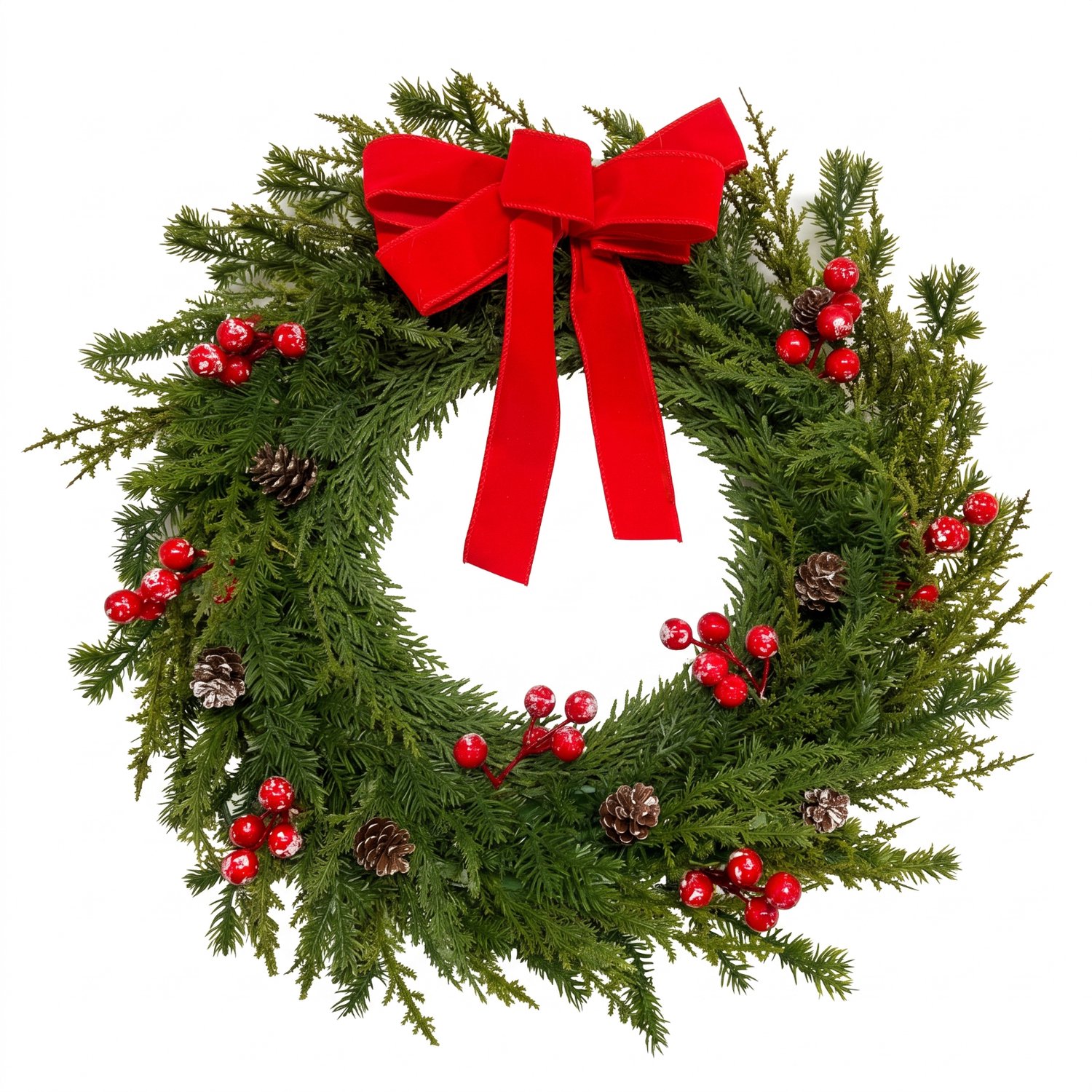 Luxe Kerstkrans met Grote Rode Fluwelen Strik & Dennenappels - Prachtige Kunstkerstkrans van Premium PE Materiaal - Weelderige Kerstdecoratie voor Binnen & Buiten - Perfecte Deurkrans of Tafelkrans - 45 cm - Groen/Rood