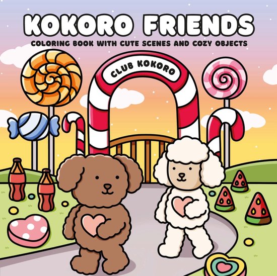 Kleurboek 'Kokoro Friends' met twee pluizige hondjes bij een snoepjes-toegangspoort naar 'Club Kokoro'.