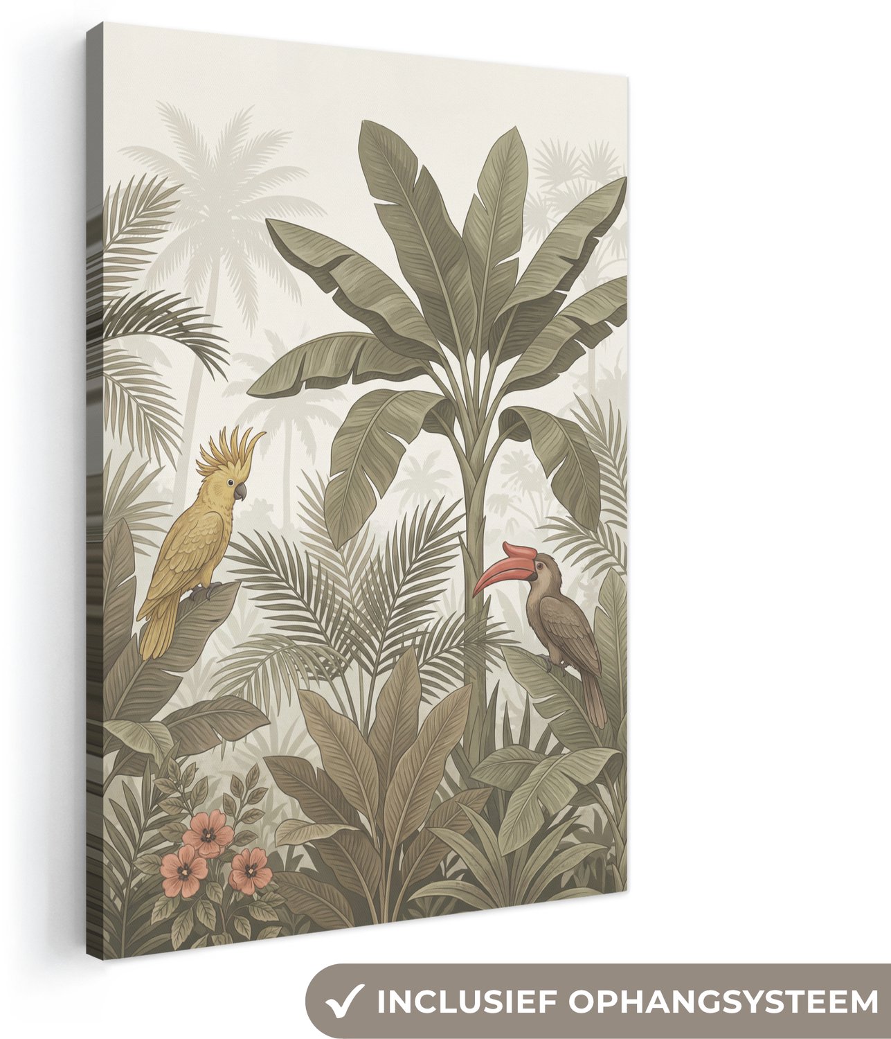 Canvas schilderij 40x60 cm - Exclusieve wanddecoratie Vogel - Jungle - Tropisch - Illustratie - Groen - Muurdecoratie woonkamer - Slaapkamer decoratie - Kamer accessoires - Schilderijen op canvas