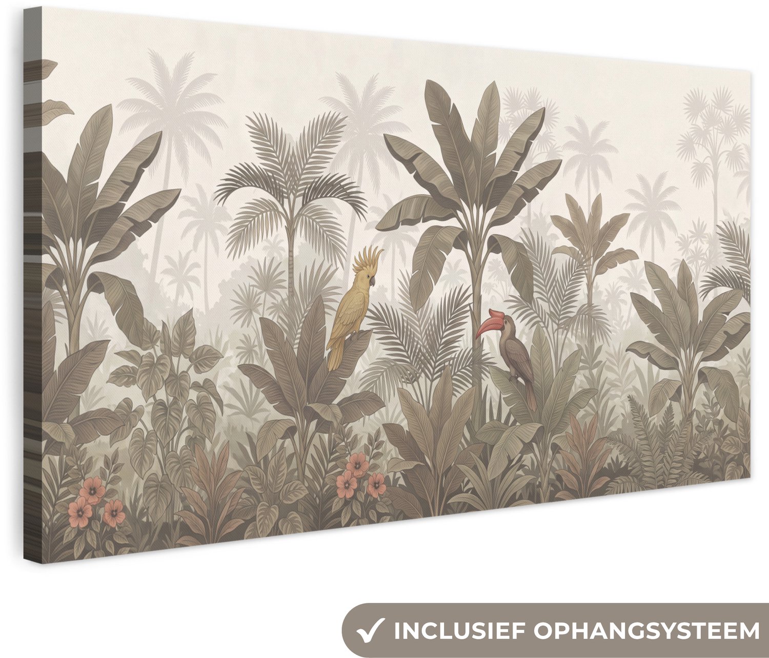 Canvas schilderij 160x80 cm - Exclusieve wanddecoratie Vogel - Jungle - Tropisch - Illustratie - Groen - Muurdecoratie woonkamer - Slaapkamer decoratie - Kamer accessoires - Schilderijen op canvas groot XXL