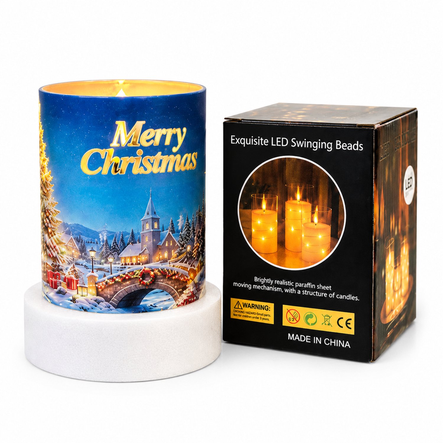 SWGOTA Kerstsfeer met led kaarsen - blauwe LED-kaarslamp 7,5 x 10 cm met winterdecor, warm licht, doosverpakking, zonder batterijen