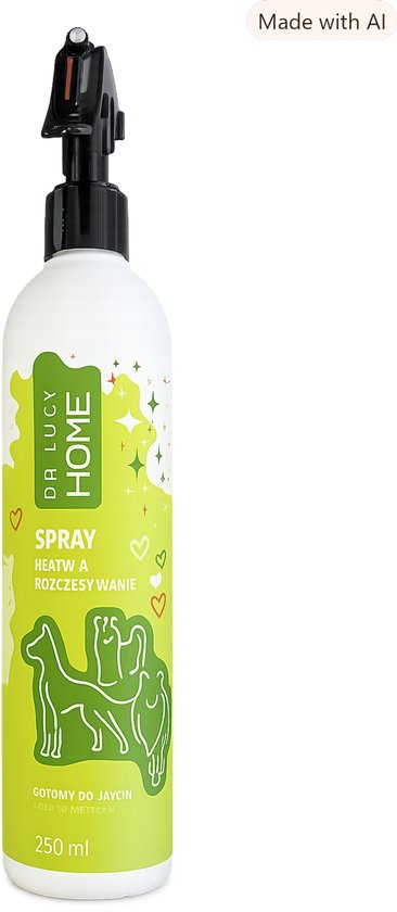 Witte fles Dr Lucy Home ontklitspray van 250 ml met een groene verpakking en lijntekeningen van honden.