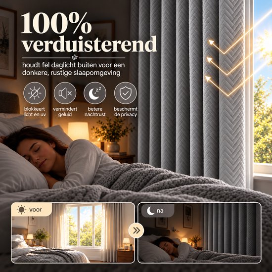 100% verduisterende grijze gordijnen die licht en geluid blokkeren voor een rustige nachtrust.