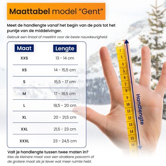 Maattabel voor model 'Gent' met een hand en meetlint die uitlegt hoe de handlengte te meten voor handschoenmaten.