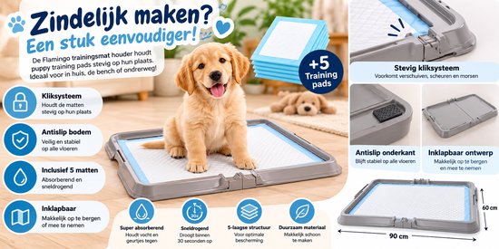 Trainingsmathouder voor puppy's met 5 pads, tekst 'Zindelijk maken? Een stuk eenvoudiger!' en productkenmerken.