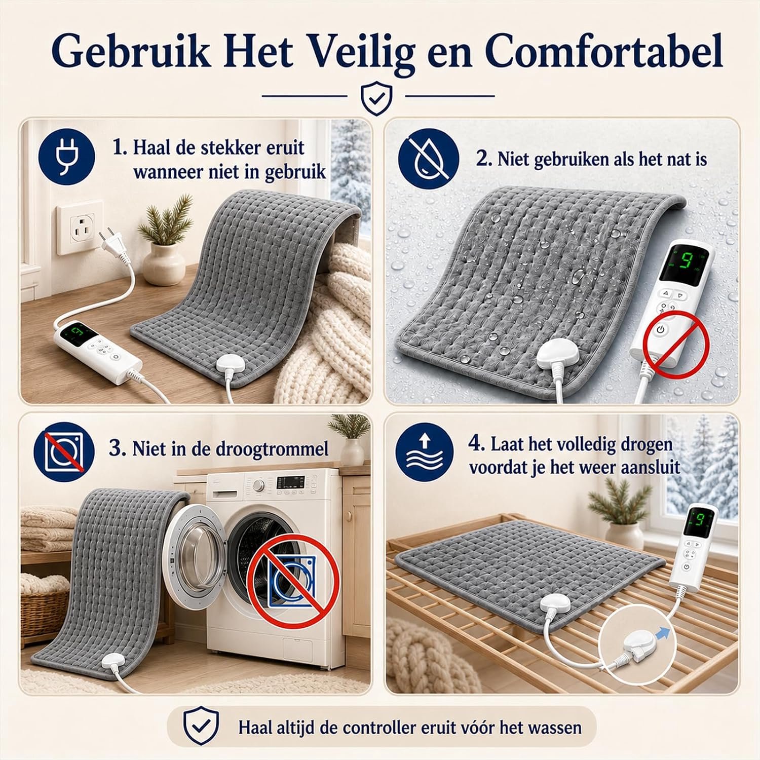 VHV-Elektrische deken 30x60cm - 9 temperatuurinstellingen, 4 timerfuncties - 75W wasbare elektrische deken met automatische uitschakelfunctie - Grijs – foto 7
