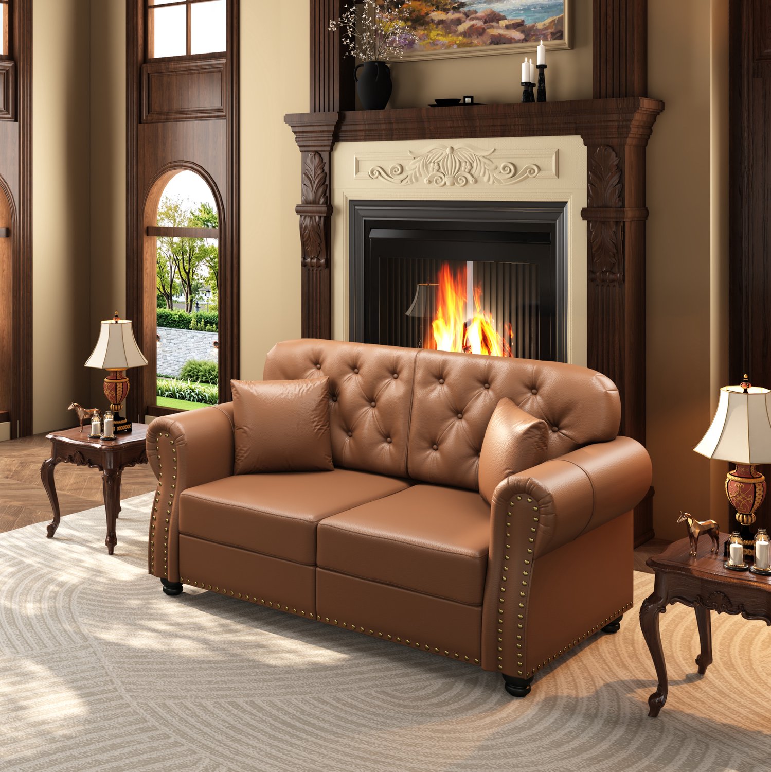 REDOM Chesterfield bank 160 cm - 2-zits met knopen en rolarmleuningen - Bruin