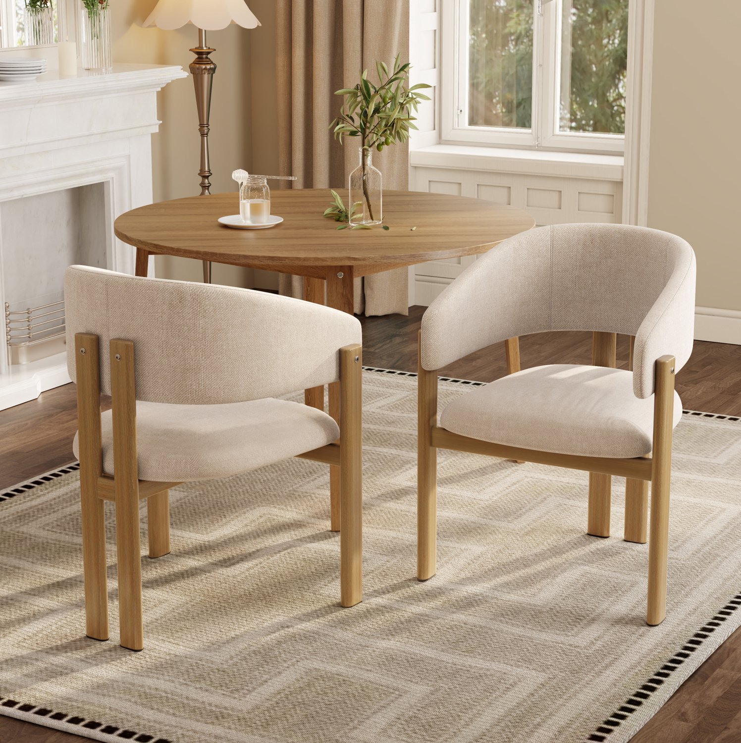 MODFU Eetkamerstoelen - Armleuningen - Metaal Met Houtlook - Beige - Set Van 6