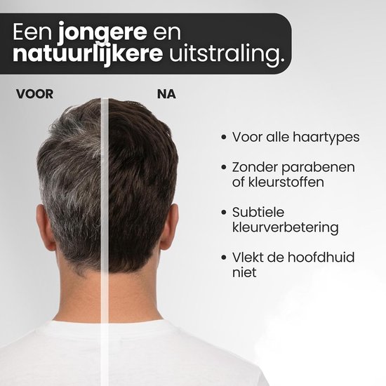 Vergelijking voor en na van grijs naar donkerder haar, geschikt voor alle haartypes zonder parabenen.