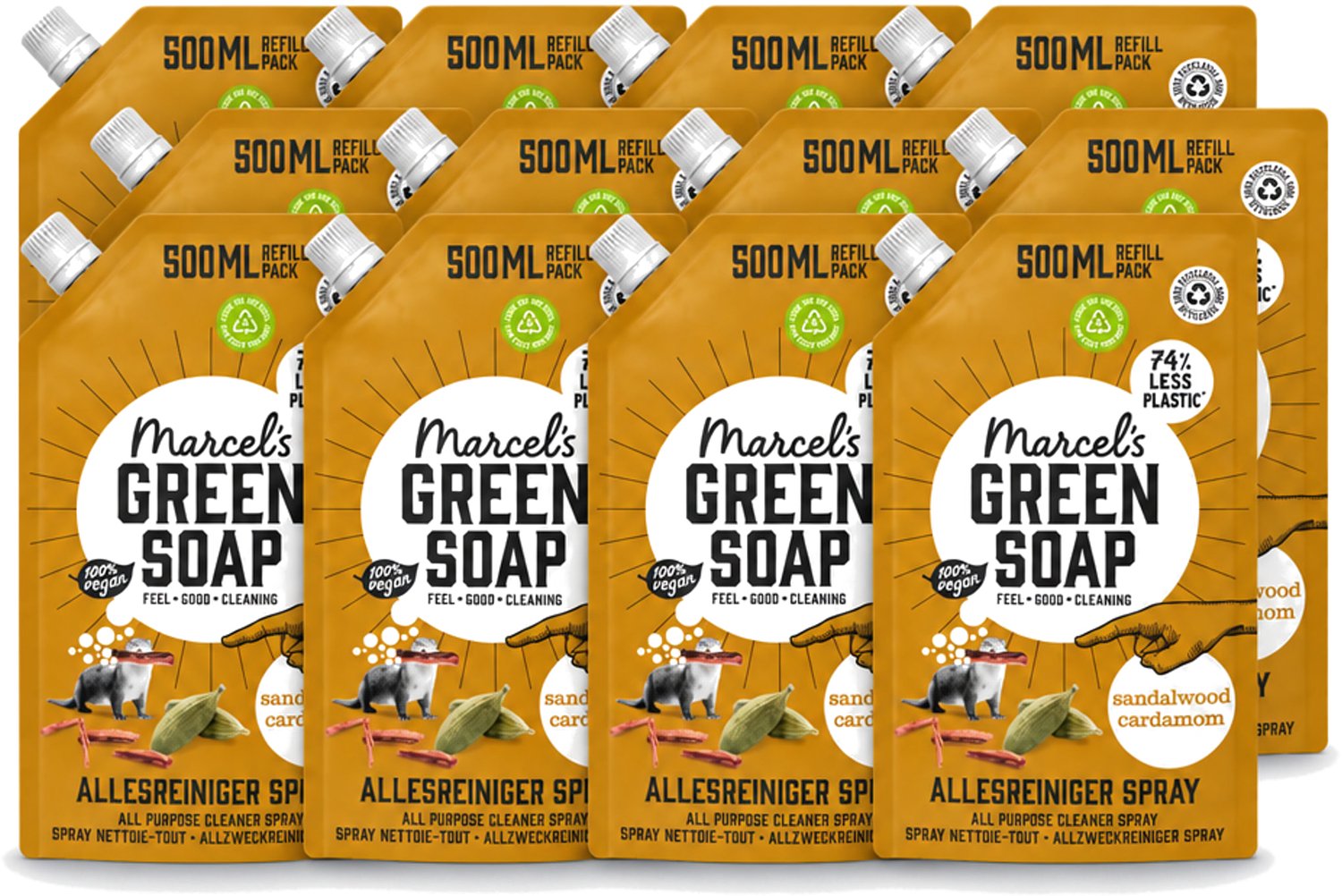 12 x Marcel's Green Soap - Allesreiniger Spray - Navulling - Sandelhout & Kardemon - Frisse reiniging - 500 ml - Voordeelverpakking - 12 stuks