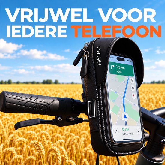 Zwarte ORIGIN telefoonhouder met zonnevizier op een fietsstuur, met navigatie op de telefoon in een veld.