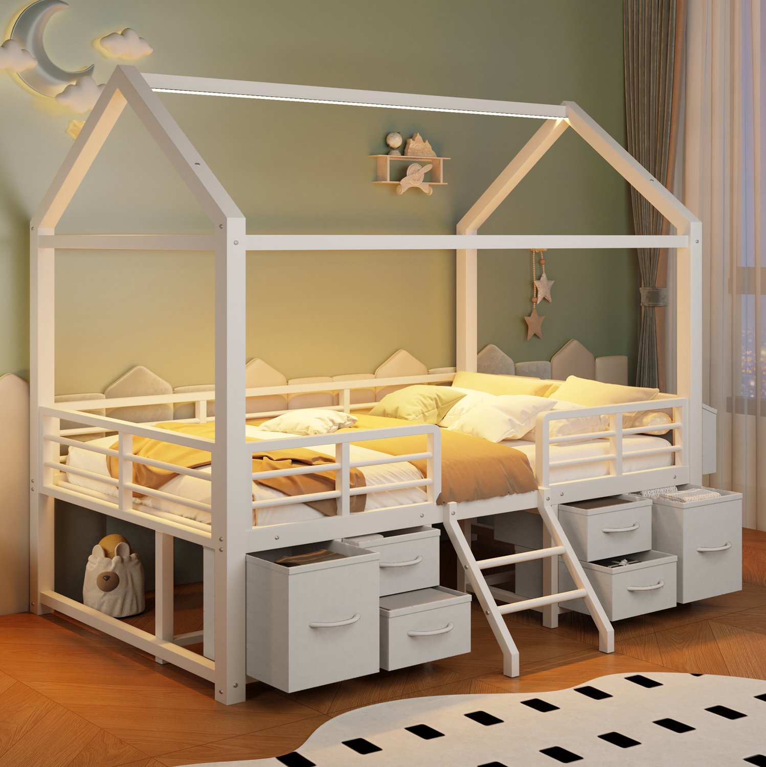 STILVORA Hoogslaper 90 x 200 cm – Huisdak Met Ledverlichting – Stoffen Lades En Opbergruimte – Kinderkamer – Metaal En MDF – Wit – Zonder Matras