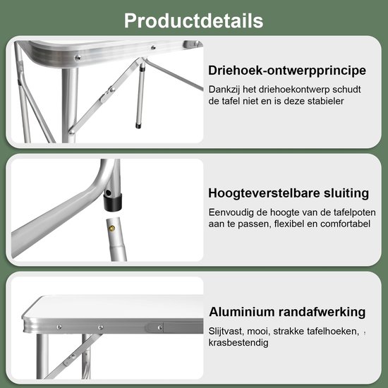 Opvouwbare campingtafel van aluminium, verstelbare hoogte 33‑70cm, draagbare klaptafel voor kamperen, picknick, thuisgebruik, 75x55cm — afbeelding 4