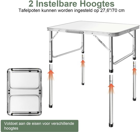 Opvouwbare campingtafel van aluminium, verstelbare hoogte 33‑70cm, draagbare klaptafel voor kamperen, picknick, thuisgebruik, 75x55cm — afbeelding 2