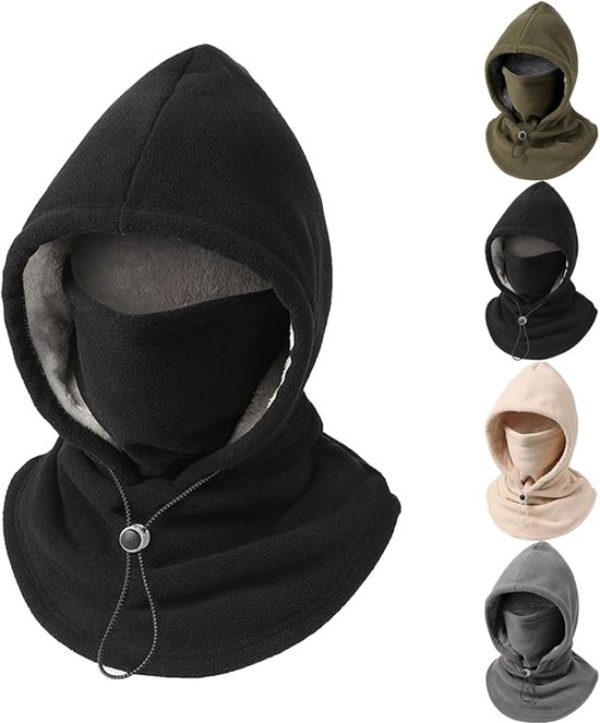 Bivakmuts met capuchon en gezichtsmasker, verkrijgbaar in zwart, olijfgroen, beige en grijs.