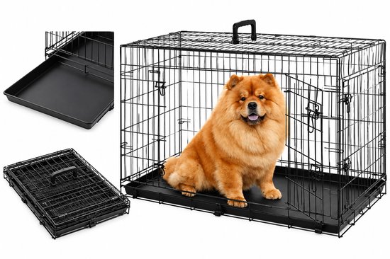 Zwarte opvouwbare hondenbench met uitneembare lade en een pluizige Chow Chow in de kooi.