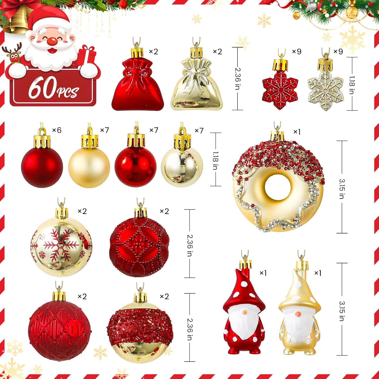 KZQ Set van 60 onbreekbare plastic kerstballen met ophangkoordjes, rood en goud, klassieke cadeauset voor kerstboom, feest en bruiloft – foto 5