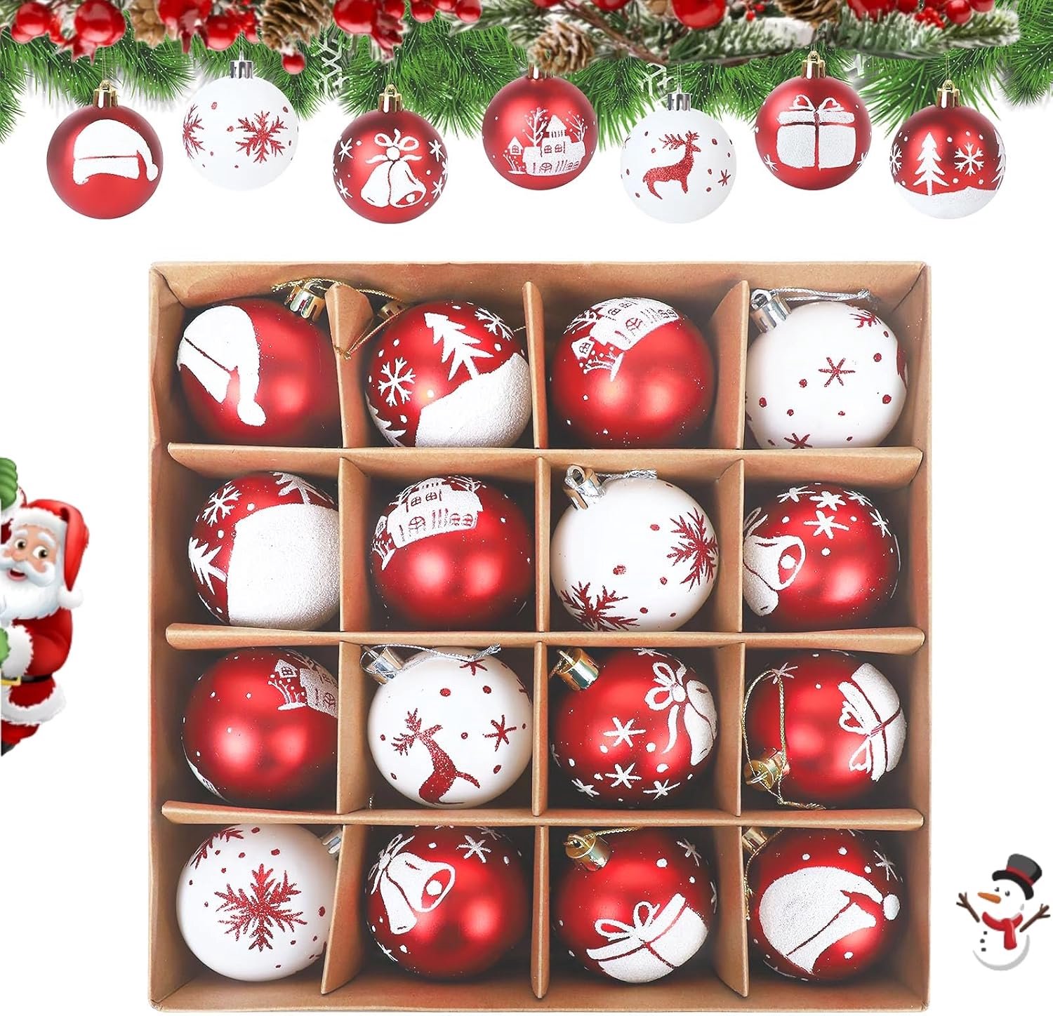 Kerstballen, 16 stuks kerstboomversieringen met rode en witte kerstballen, kerstballen voor de kerstboom met koord voor kerstfeestjes, feestelijke decoratie