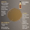 Gouden textuur van Reuzel Grooming Tonic met infografieken over ingrediënten zoals Arganolie en Vitamine E.