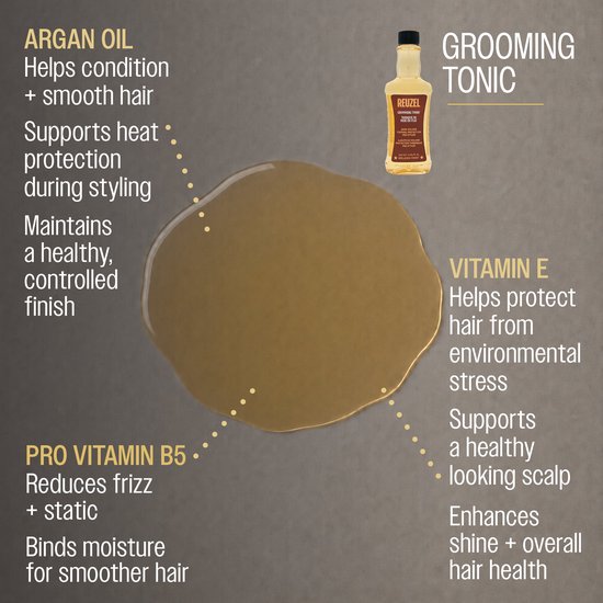 Gouden textuur van Reuzel Grooming Tonic met infografieken over ingrediënten zoals Arganolie en Vitamine E.