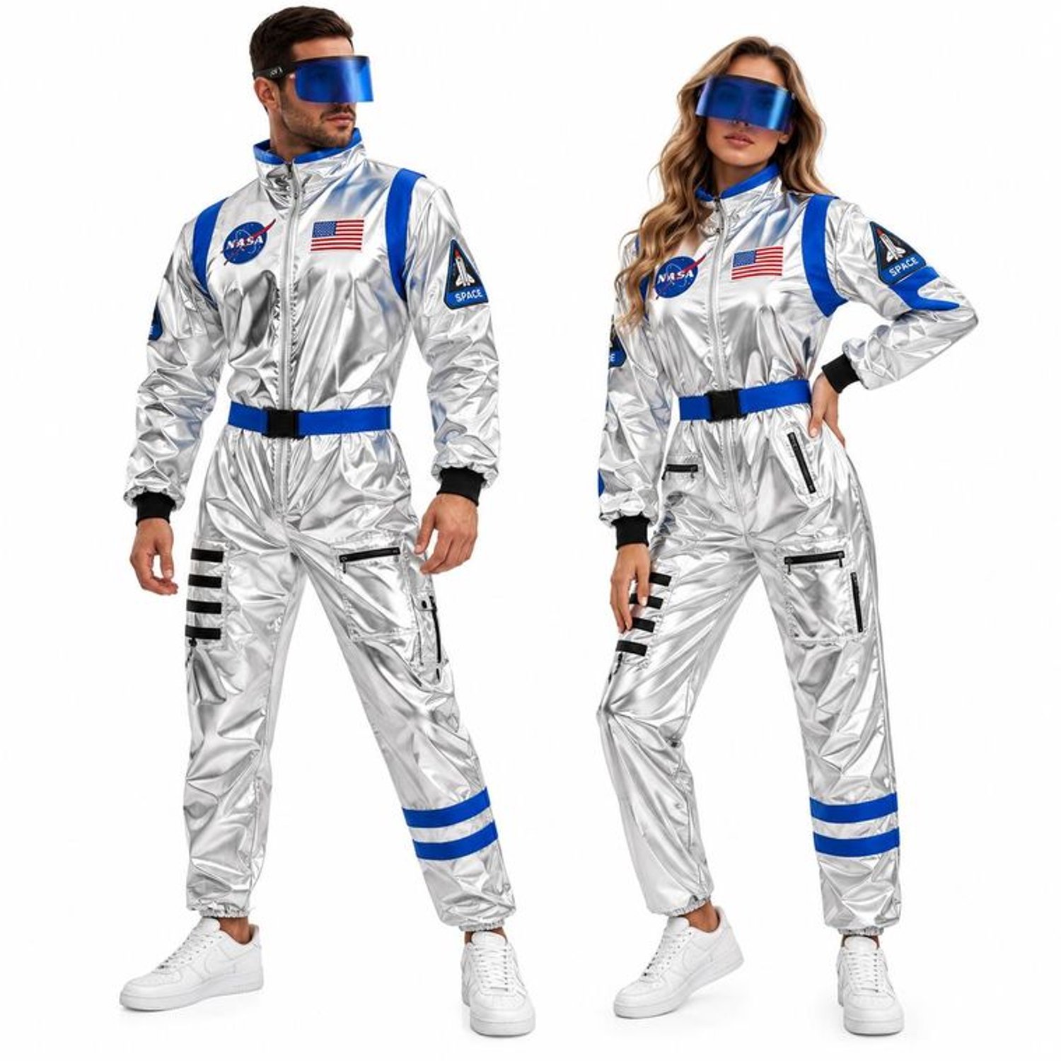 Astronautenpak Zilver met Futuristische Bril en Riem – Space Verkleedkostuum - maat XL