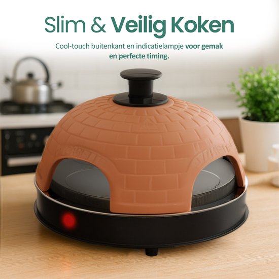 Terracotta koepeloven met rood indicatielampje. Tekst: Slim & Veilig Koken, cool-touch buitenkant.