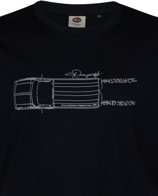 Zwart Petrol Industries T-shirt met witte lijntekening van een auto, tekst 'Drive your style' en 'Petrol Industries'.