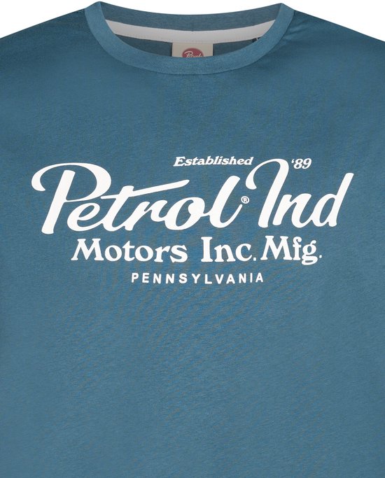 Blauw T-shirt met witte bedrukking: Petrol Ind Motors Inc. Mfg. Established 89 Pennsylvania.
