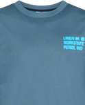 Blauw longsleeve T-shirt met ronde hals en neonblauwe tekstprint: LINE/0 89. WORKSTATE PETROL IND.