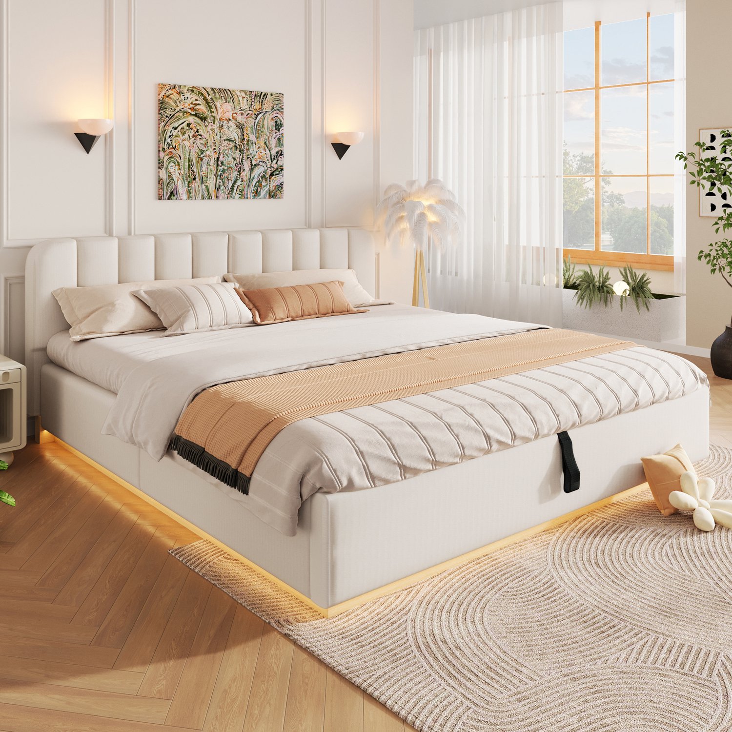 WUVRIE Gestoffeerd tweepersoonsbed 180x200 cm - Hydraulische opbergruimte en LED-verlichting - Beige