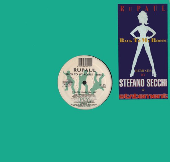 Groene 12-inch vinylplaat van RuPaul 'Back To My Roots', met een witte centrale sticker en blauwe tekstbox.