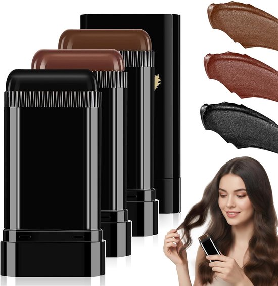 Drie haarverfsticks in verschillende tinten met een model dat het product op haar haar gebruikt.