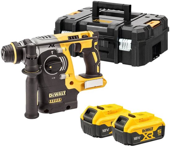 DeWalt 18V accuboorhamer met twee 5.0Ah accu's en zwarte TSTAK opbergkoffer.