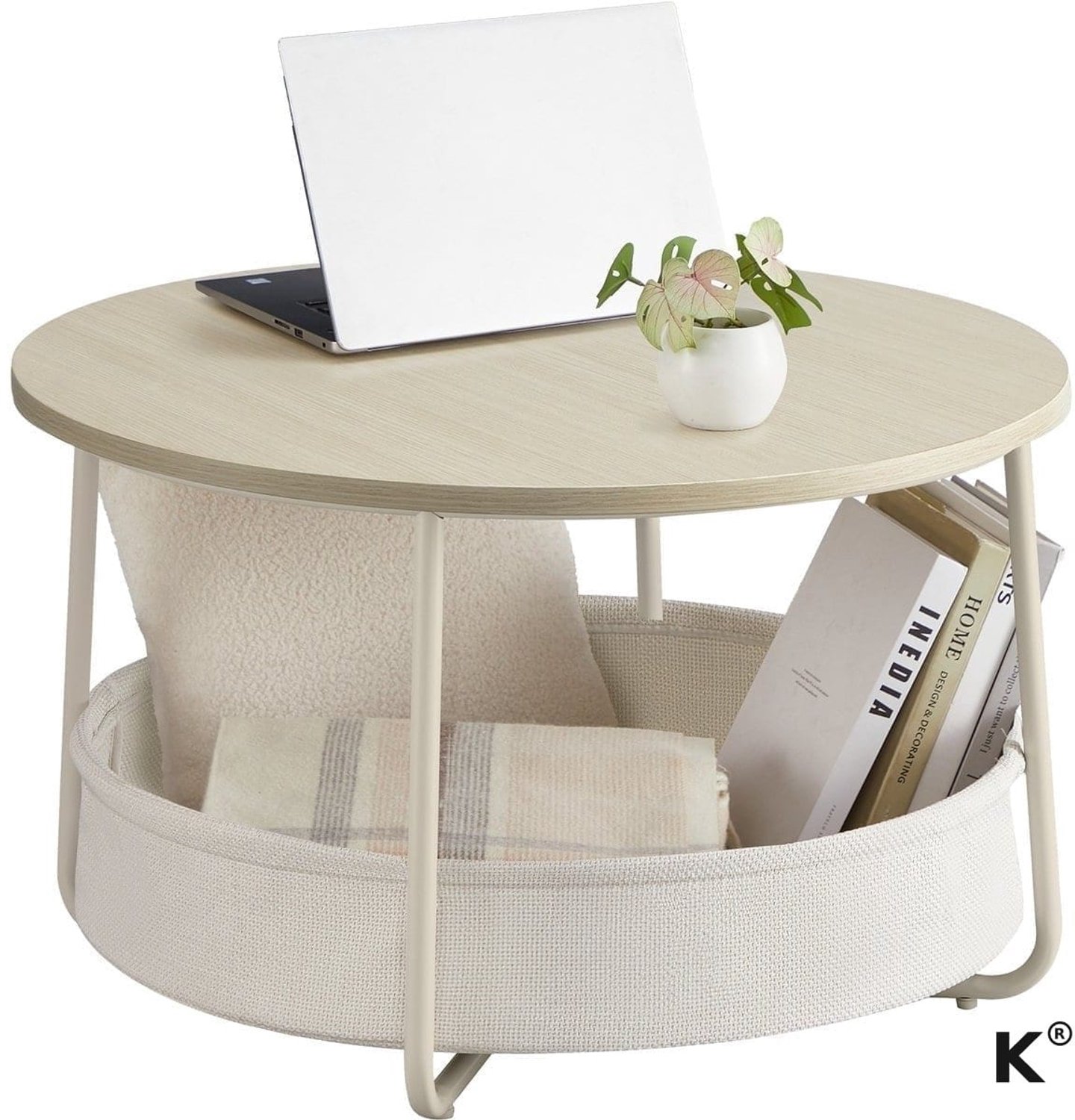 Klarven Salontafel Beige - Salontafel met Opbergruimte - Salontafel Rond - Bijzettafel met Stoffen Mand - Salontafel Naturel beige-crème