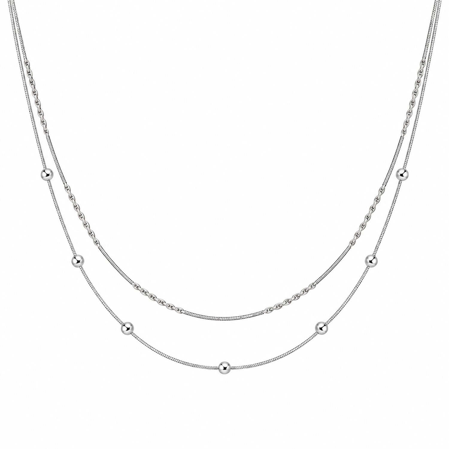 Engravia by Derya – Dubbele Damesketting – Stainless Steel – Zilverkleurig met Bolletjes en Schakelketting – Elegant Sieraad & Cadeau voor Haar