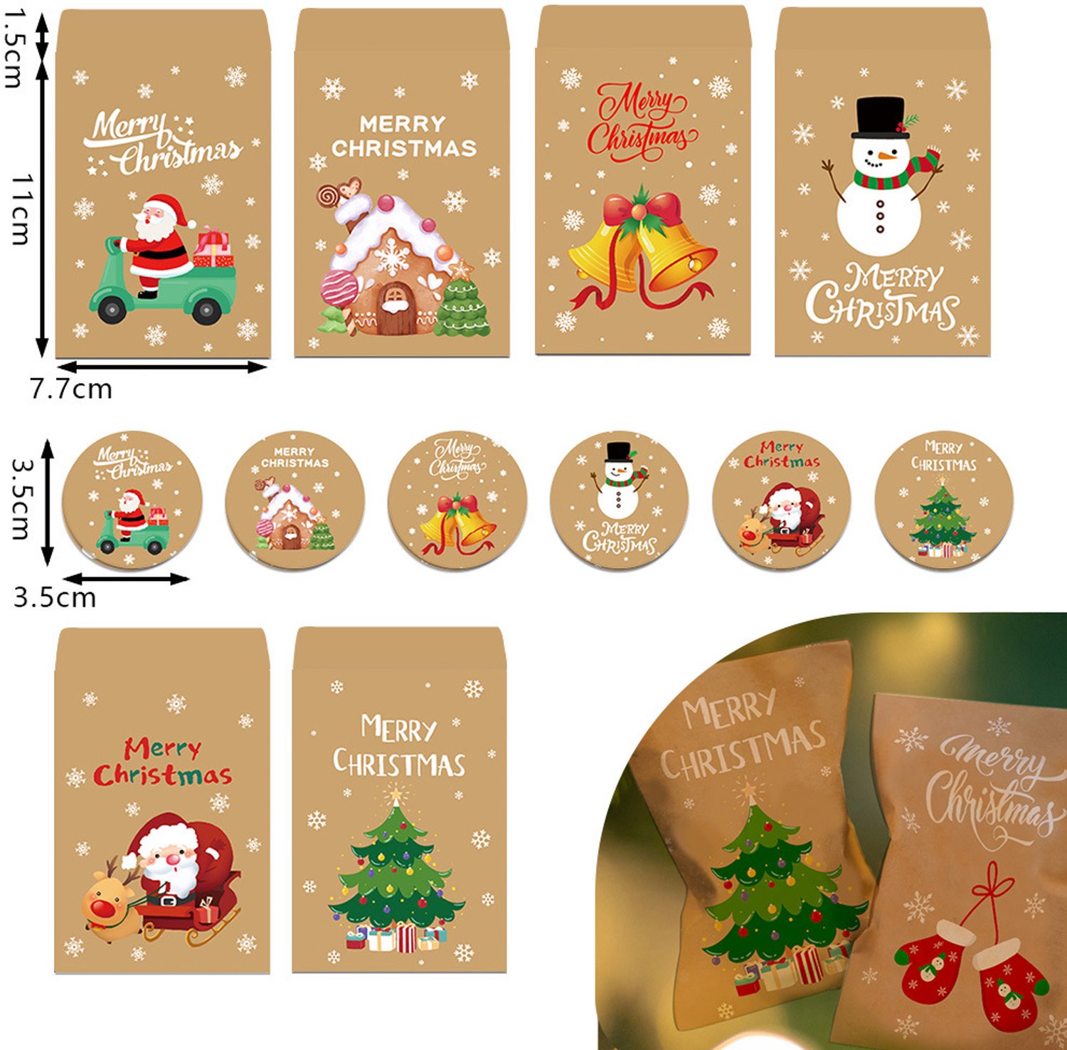 Kerstcadeauzakjes - 24 Stuks - Papieren zakjes - Kerstzakjes - Papieren Tassen - DIY Adventskalender - Kleine cadeautasjes - Mini Kerstgiftzakjes met Stickers - Snoepzakjes voor koekjes, bonbons, chocolade en andere feestartikelen - 11 x 7,7 cm – foto 4
