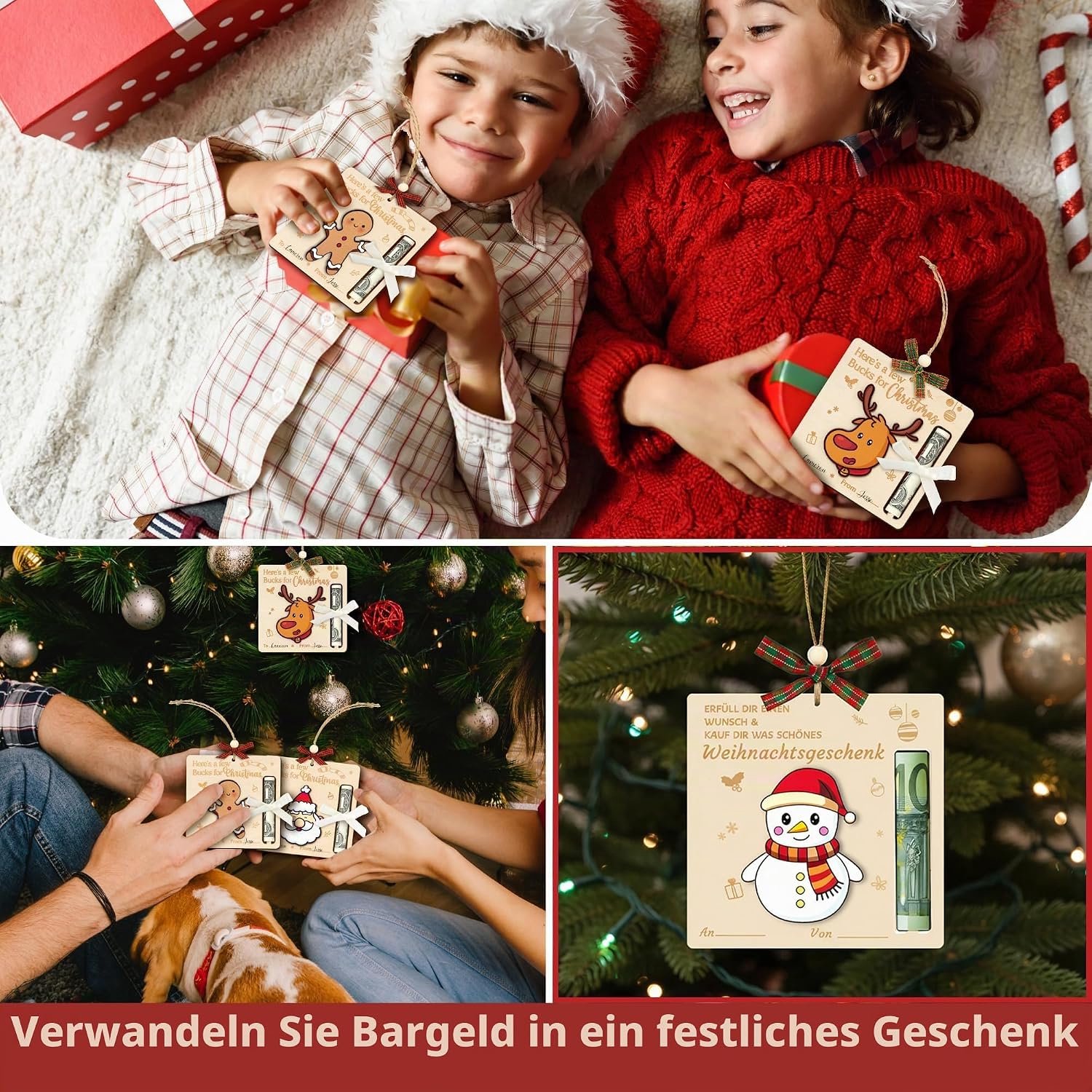 Geldcadeau voor kerst - 4 verschillende ontwerpen - voor briefjes van 5 10 20 euro - feestelijke decoratie en kaarthouder - Houten Kerstboom Geld Clip - Uniek Cadeau met Kerst Thema - feestelijke kerstboomversiering- cash cadeauhouder afmetingen – foto 4