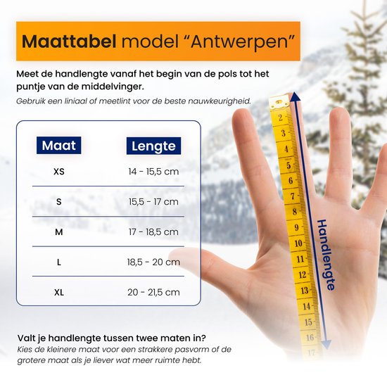 Maattabel voor model Antwerpen met instructies voor het meten van de handlengte en een overzicht van maten XS tot XL.
