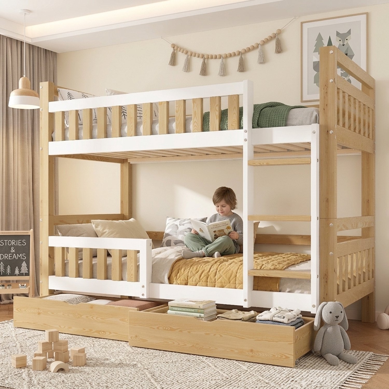 Clruro Stapelbed - 90x200 cm - Deelbaar in 2 Bedden - 2 Lades - Hout - Wit/Naturel Wit+Natuurlijk