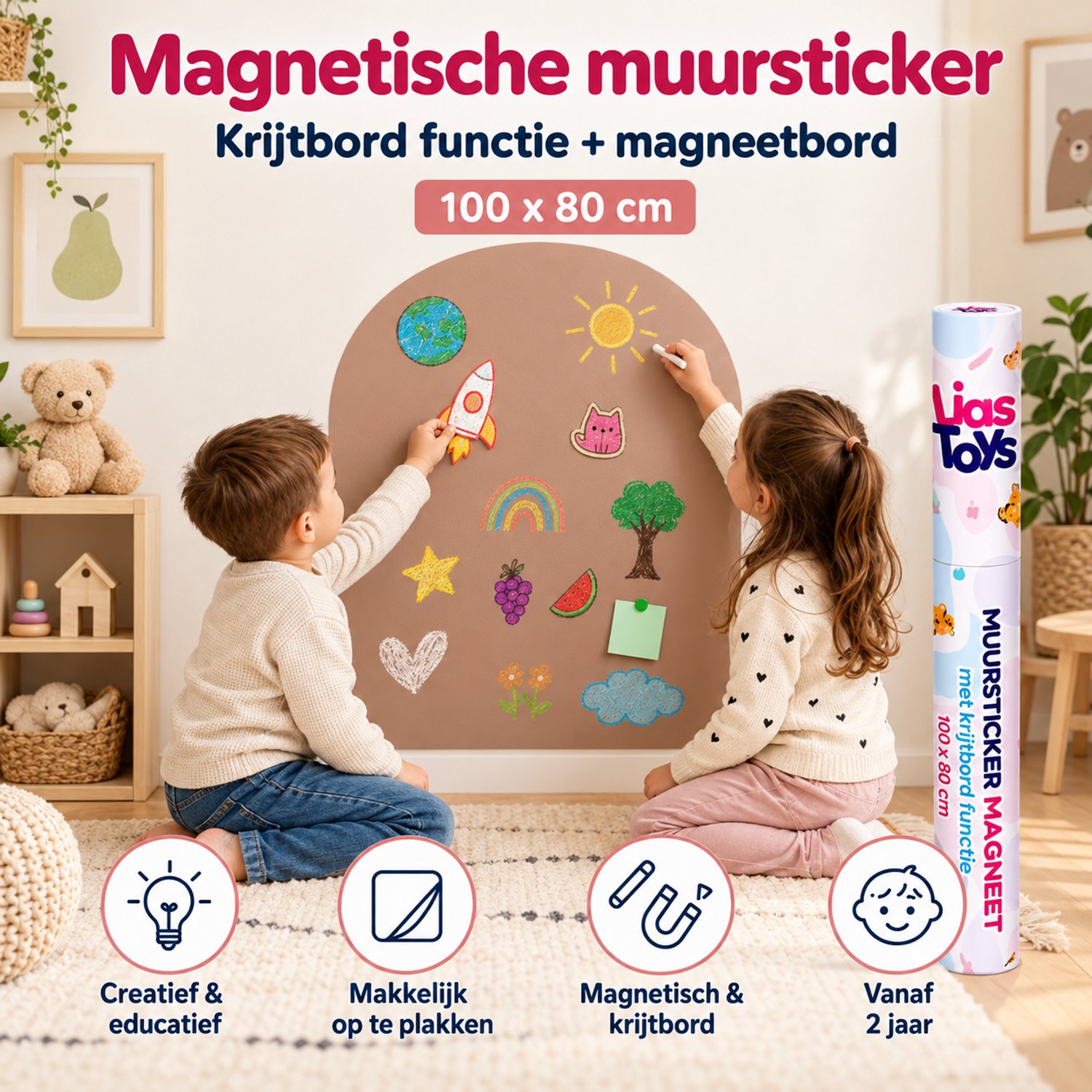 LiasToys Magnetische Muursticker met Krijtbordfunctie – 100 x 80 cm – Magneetbord Muurboog – Bruin — afbeelding 3