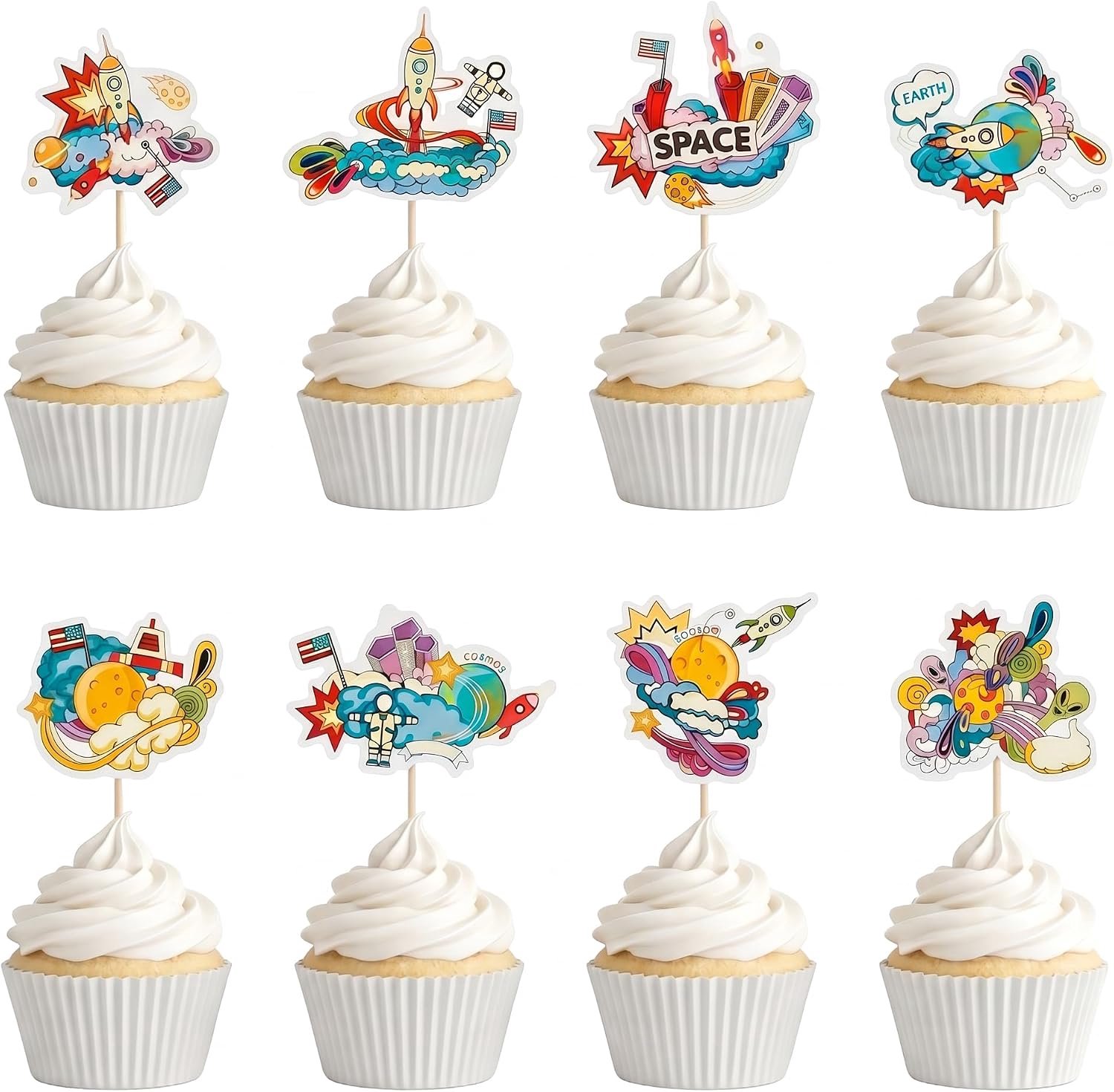 24 Cupcake-toppers raketten en astronauten, voor kinderfeestjes