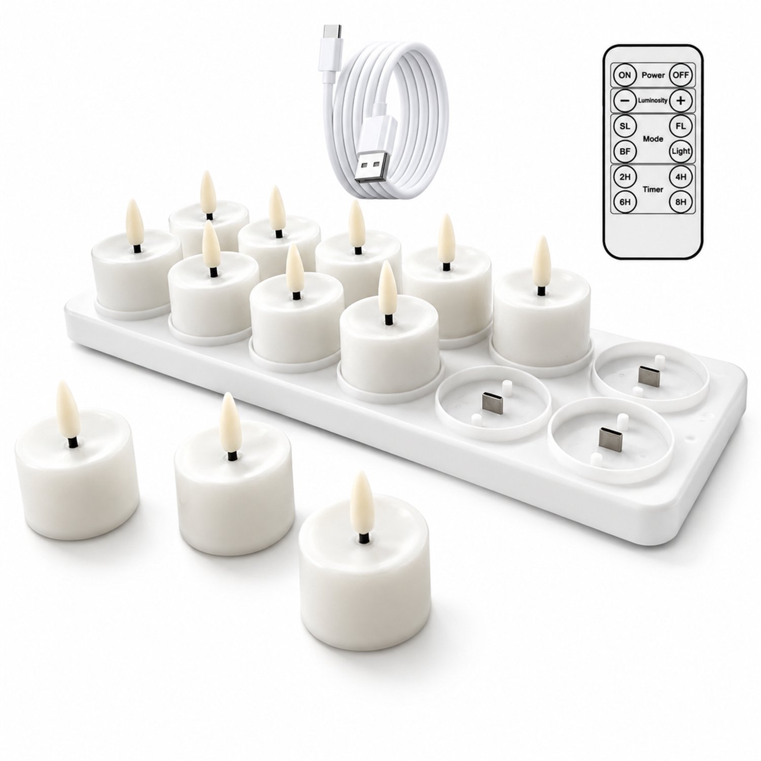 SWGOTA Elektrische kaarsen, 12 stuks, wit, oplaadbaar via Type-C, met laadstation, afstandsbediening en USB-kabel, voor binnendecoratie