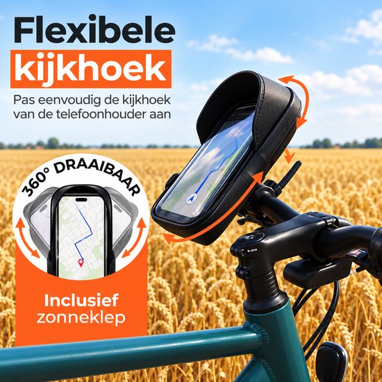 360 graden draaibare ORIGIN telefoonhouder met zonneklep, gemonteerd op een fietsstuur voor een flexibele kijkhoek.