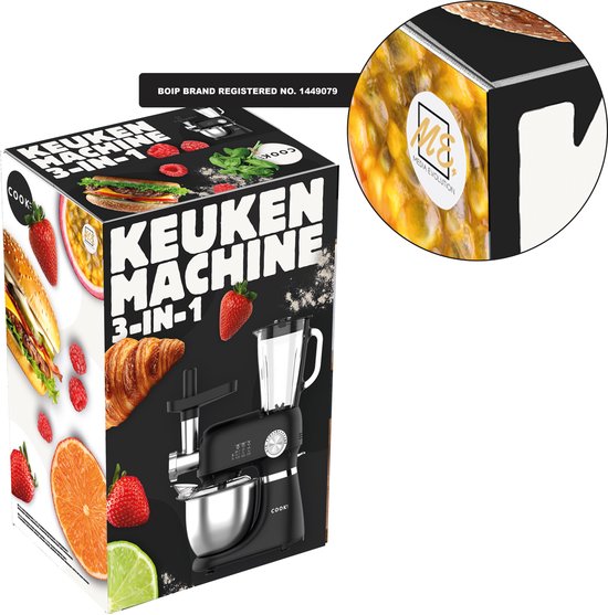 COOK-IT Keukenmachine 3-in-1 – Keukenrobot met Vleesmolen en Blender – 1300W – 5L RVS Mengkom – 1,75L Glazen Blenderkan – 12 Snelheden – Keukenmixer – Zwart — afbeelding 2