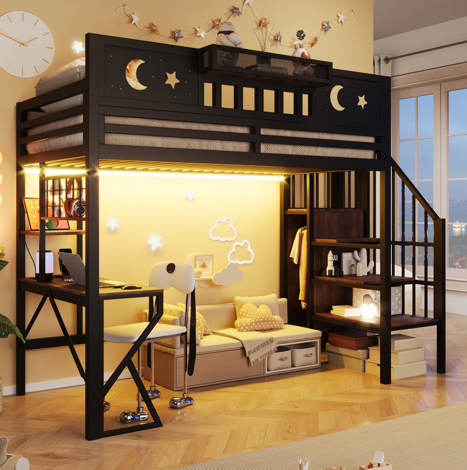 WUVRIE Hoogslaper 90x200 cm - Bureau, opbergtrap, LED en USB - Zwart